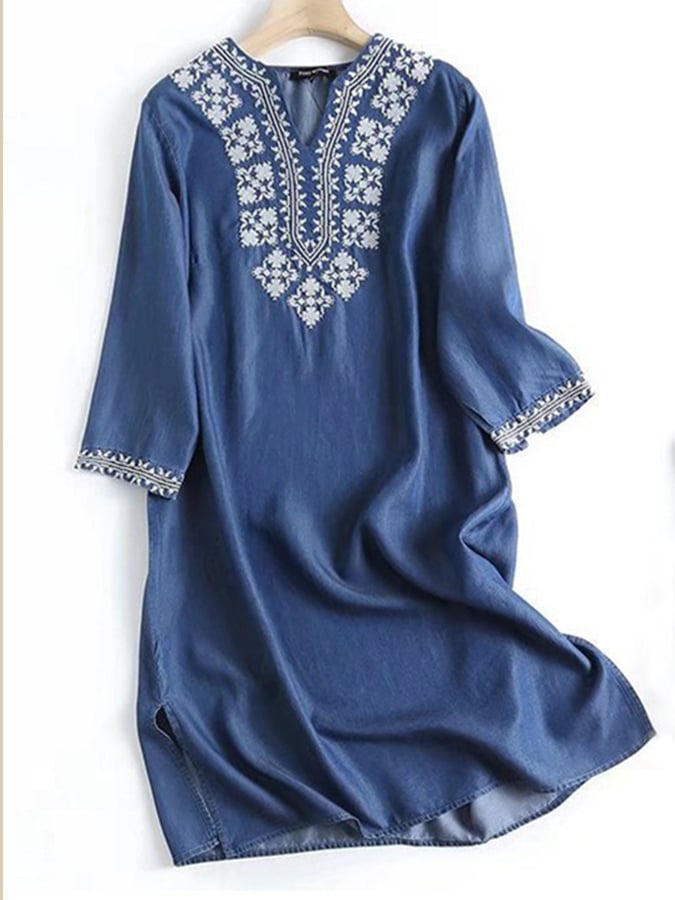 Ethnic Style V-neck Embroidery Drape Breathable Tencel Denim Dress