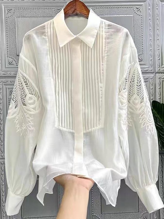 Exquisite Embroidery White Temperament Casual Long-Sleeved Shirt