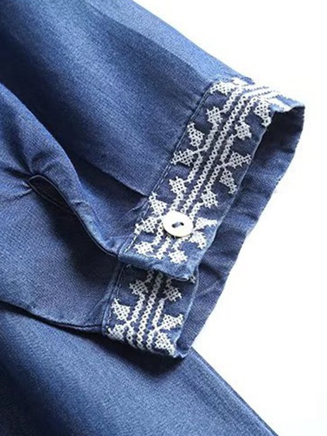 Ethnic Style V-neck Embroidery Drape Breathable Tencel Denim Dress